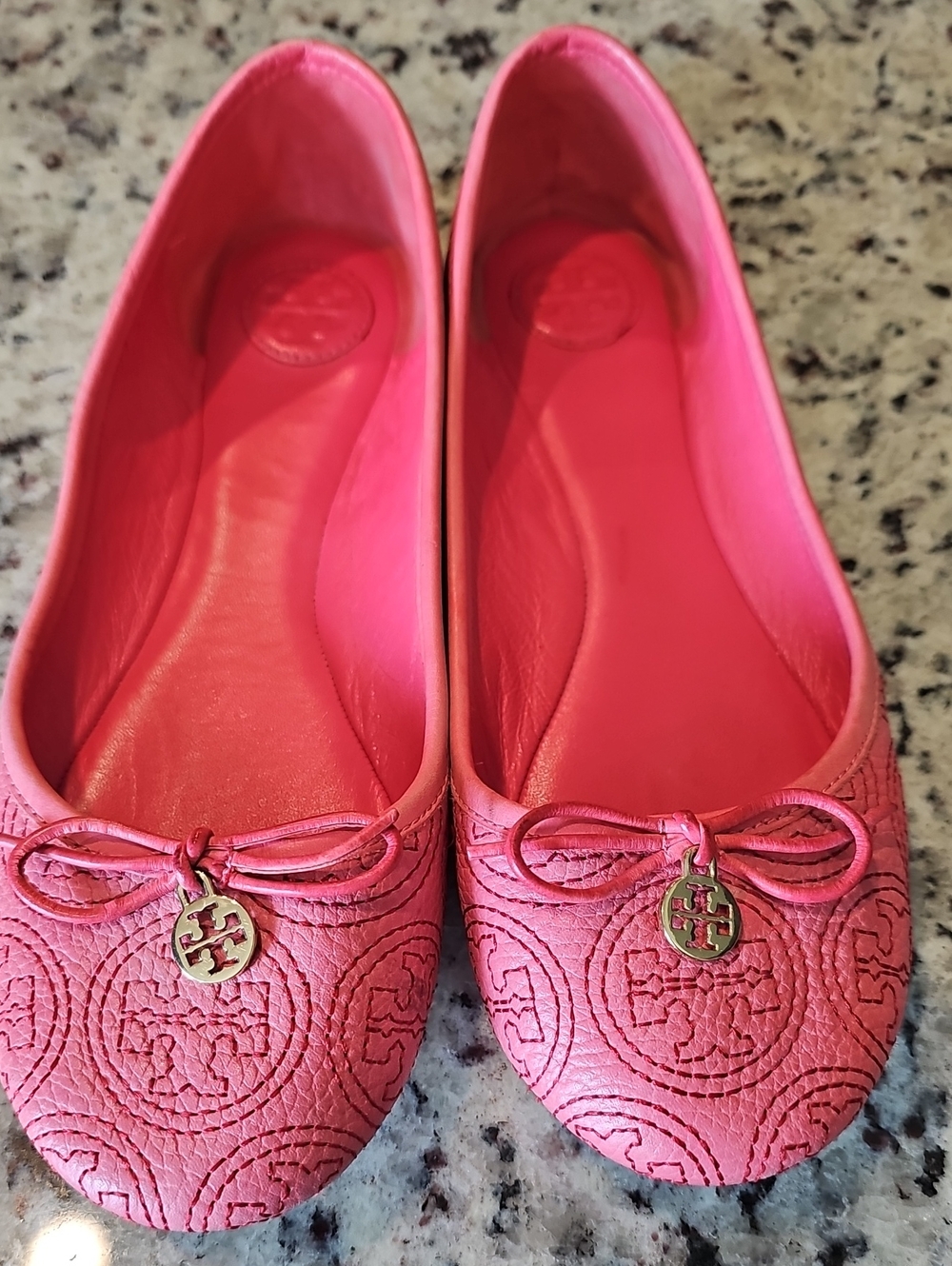 Tory Burch Pink Leather Logo Ballet Flats with Gold Charm